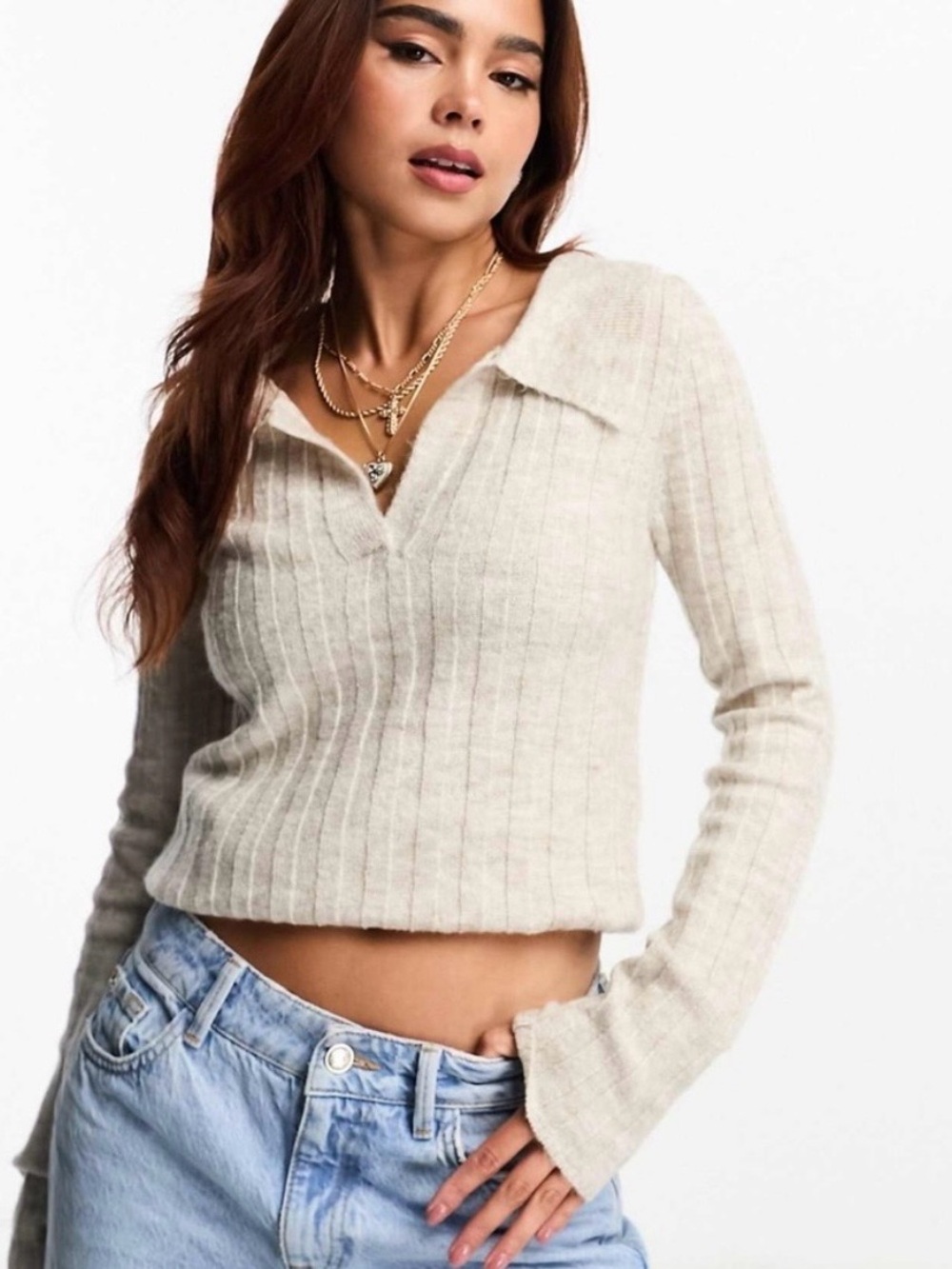 ASOS Beige Ribbed V-Neck Polo Sweater